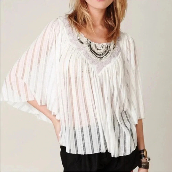 Free People Star Gazer Lily Poncho Sheer Gauzy Beaded Embroidery Lace Sheer S - Picture 9 of 9